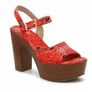 New Mix No. 6 Red Bandana Print Faux Wood Platform Wedge